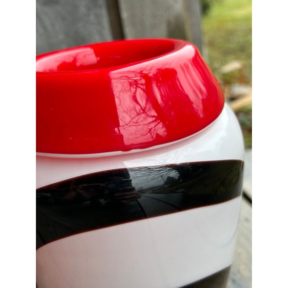 Murano Style Heavy Blown Glass Vase 9” White with Black Swirls Red Mouth - Picture 8 of 10